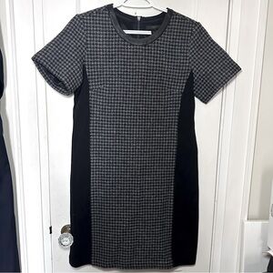 J Crew Short Sleeve Wool Houndstooth with Leather Trim Dress, Preppy, Academia